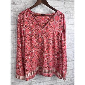 Talbots Blouse XL Coral Pink Geometric Button Front Flowy Office Artsy Boho Chic